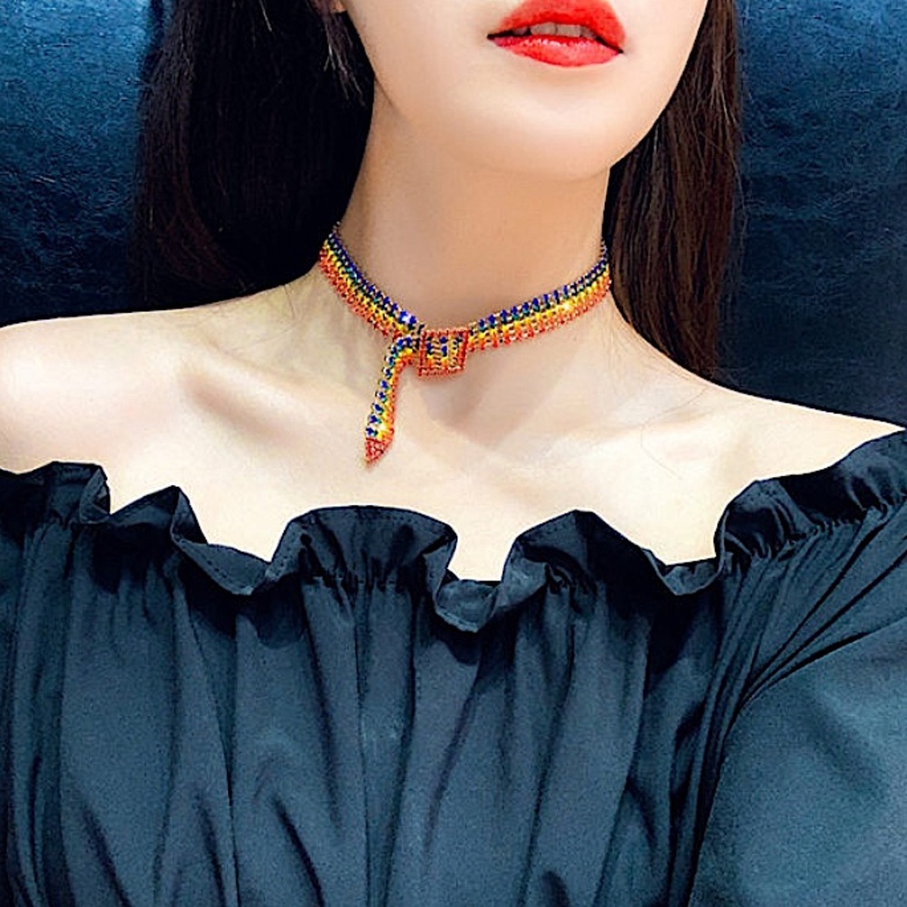 Multicolor Rhinestone Belt Buckle Choker - Picture 3 of 6